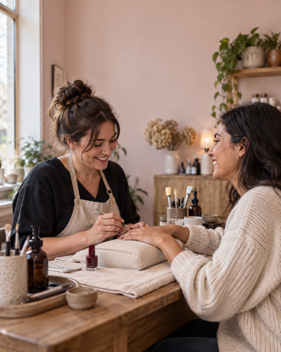 Illustrative scene of a nail artist and client sharing a relaxed moment in a salon